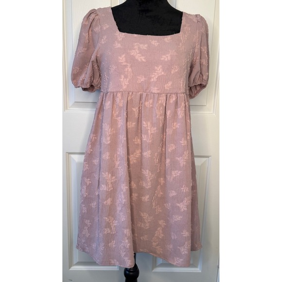 Ces Femme Dresses & Skirts - Ces Femme Mauve Pink Floral Jacquard Puff Sleeve Tie Back Mini Dress Size M NWOT